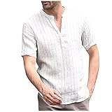 Dasongff Herren Hemd Kurzarm Freizeithemd Kragenlos Stehkragen Sommer Einfarbig V-Ausschnitt T-Shirt Henley Shirts Leinen Optik Sommerhemd Bequemes Regular Fit Shirt Men´s Shirts T