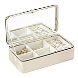 Schmuck Box Organizer Reisen Tragbare Schmuck Display Tablett Aufbewahrungskoffer mit Spiegel Mädchen Teenager Frauen Halter for Ohrring Ring Halskette Armband PU Leder, cremig-weiß für F