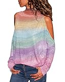 YOINS Sexy Schulterfrei Oberteil Damen Tshirt Langarmshirt Damen Pullover Rollkragen Langarm Gestreift Pulli Hemd Batik-bunt M