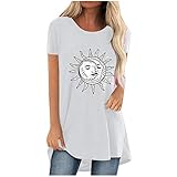 Longshirt Damen Kurzarm Tunika Tops große größen Elegant Oberteile Sommer Rundhals Sonne und Mond Grafik Drucken Oversize Basic locker Pullover T Shirt Hemd Bluse für Frauen Teenager M