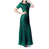 Damen-Abendkleid mit Perlen, Netzstoff, Fischschwanz, kurzärmelig, O-Ausschnitt, schmal, lang, formell, Ballkleid, Übergröße, Vintage-Kleid, grün, M