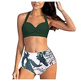 DoeRal Damen Neckholder Halter Bikini Hohe Taille Print Split Bademode Zweiteiliger Badeanzug