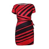 SAMGU Frauen Bleistift Streifen Kleid Optische Täuschung Colorblock Patchwork Streifen Knoten Mantel Business Bleistift Kleid Schwarz/Rot-L