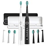 Elektrische Zahnbürste Doppelpack , 8 Aufsteckbürsten 2 Reisekoffer enthalten, Schall Electric Toothbrush con 5 Putzprogamm mit Timer , Aufladen 4 Stunden hält 30 Tage, IPX7 W