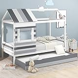 Hausbett, Kinderbett, mit Klappbett und Dach, gespleißte Holzlatten und Lattenrost, Zimmer für Kinder und Jugendliche, weiß und grau (90x200 cm)