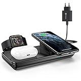 JOYEKY Wireless Charger 3 in 1 Induktive Ladestation Kompatibel für Apple Watch 5/4/3/2/1, iPhone 12/11 Pro Max/XS/XR/X/8/8 Plus, AirPods Pro, Kabellose Ladegerät mit QC3.0 Adap