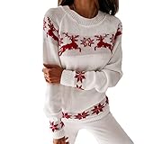 BDCUYAHSKL Herbst Und Winter Mode Damen Rundhals Elch Partial Jacquard Strick Langarm Pullover LäSsig Lose Pullover Pullover Top D
