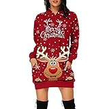 FAJEAL Weihnachtskleid Damen Vintage Langarm Party Kleider Weihnachts Kostüm Cartoon Drucken Oberteil Herbst Winter Pulloverkleider Kapuzenp
