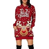 Zilosconcy Damen Weihnachts Hoodie Weihnachten Kleider Festival Langarm Weihnachtskleid Lang Weihnachtspullover Weihnachten Druck Partykleid A-Linie Swing Kleid Dress Kostüm Kapuzenp