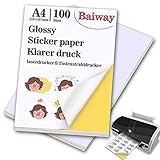 BaiWay Universal Etiketten Selbstklebend 100 Blatt 210 x 297 mm, Glänzende Druckerpapier A4 Aufkleber Papier Etikettendrucker Bedruckbar für Büromaterial Laser und Tintenstrahldruck