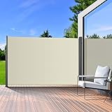 Seitenmarkise ausziehbar 160 x 300 cm, Sonnenschutz | Windschutz |Aluminium Sichtschutz, 280g/m² Polyester-Material + PU-Beschichtung, atmungsaktiv und Abriebfest, UV-Schutz, für Garten, Balkon Beig
