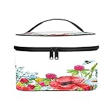 CIKYOWAY PU Kosmetiktasch,Wilde Blumen für Karten Aquarell Klee Gänseblümchen Mohnblumen Biene Schmetterling Vintage Boho,Wasserdicht Makeup Tasche Organizer Kulturtasche mit,Trageg