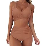 Yoofeiduoduo Retro Bikini Damen Frauen Sommer Strand BH Bikini Set Einfarbig Damen Bademode Push Up Bikini Set Elegant Zweiteilige Badeanzug hohe Taille Bauchkontrolle Triangel Bikinihose Bikini-S