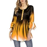 Damenmode Farbverlauf Druck Rüschenärmel T-Shirt Bluse Lässig Lose Halbe Knopf Persönlichkeit Allgleiches Tops T-Shirt L