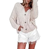 Damen Herbst Winter lässiger Strickpullover groß hohlgestrickter Knopfmantel Lockere Pullover Oberteile Tops Oversize Sweater V-Ausschnitt Pullover T-Shirt Herbst F