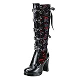 LIHAEI Stiefeletten Damen Schwarz Overknee Stiefel Leder Mit Absatz Plateau Blockabsatz Damenstiefel Winter GefüTtert Wasserdicht Wildleder Halloween Kreuzriemen B