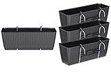 Kreher Pflanzkästen Set aus 4 Balkon Pflanzkästen mit Metallhalterung. Aus Kunststoff im Rattan Design in Anthrazit. Maße jeweils 50 x 17 x 17