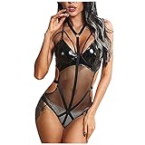 BaZhaHei Damen Lederkleid Rückenfreier Body Dessous Latex Sexi Catsuit Bademantel Nachthemd Sleepwear Pyjama Lingerie Negligee V-Ausschnitt Reizw