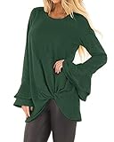 Kidsform Lässige Tops für Frauen Langarm Solid T Shirts Twist Knot Tunika lose Blusen, X-Grün, X-Groß