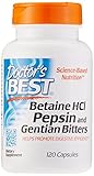 Doctor's Best, Betain HCI mit Pepsin und bitterer Enzian, 650mg, 120 Kapseln - Vollspektrum Verdauungsenzyme, gentechnik