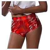 WanWorlder Damen Faltenrock Stretch Skater Röcke Hohe Taille Kurz Rock Metallischer Mini Glocken Rock Glitzer Rock Lederrock Karneval Faschingskostüme Tanzkleider Alien Kostüm (C-Rot, S)