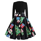 SSLLM Damen Weihnachten Kleider Rundhals Langarm A-Linie Cocktailkleid Abendkleider Retro Weihnachten Drucken Festkleid Partykleid Elegant Bowknot Gürtel Weihnachtskleid Karneval Kostü