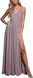 N/ C Chiffon-Brautjungfernkleider für Damen, ärmellos, trägerlos, V-Ausschnitt, Ballkleid mit Schlitz, mauve, 34