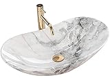 REA Waschbecken Waschtisch Aufsatzwaschbecken Keramik Handwaschbecken Aufsatz Waschschale Oval Granit 36x60x16 Badezimmer Armatur Wasserhahn Bad Armaturen Nano-Beschichtung