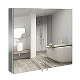 Spiegelschrank für Badezimmer Badspiegel Wandspiegel Badschrank mit Zwei Türen 3 Fächern Wandschrank mit Spiegel aus Edelstahl weiß 76x68,5x13