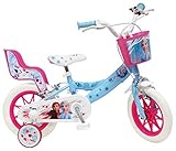 Disney Fahrrad 12'Eiskönigin 2 (Frozen II) mit 2 Bremsen, Korb vorne & Puppenhalterung hinten + 2 abnehmbare Stabilisatoren für Mädchen, Himmelblau, Weiß und F