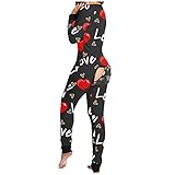 HFStorry Overall Damen Kuschelig Ohne Kapuze Jumpsuit Sexy V Ausschnitt Warm Einteiler Schlafanzug Winter Overall Onesie Und Elegant Pyjama Langarm Lose Knopf SpleißEn Strampler UnterwäSche Hausanzug