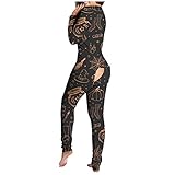 BIBOKAOKE Damen Jumpsuit Halloween Drucken Pyjama Overall Einteiler für Frauen V-Ausschnitt Langarm Pyjama Butt Button Back Flap Sexy Schlafanzug Bodysuit Romper Party Cosplay Kostü