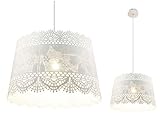 Hängelampe mit Dekor-Schirm im Landhausstil - Hängeleuchte - Pendelleuchte – Esszimmerlampe - Pendellampe (Blatt-Muster Metall Weiß Küchenlampe 35 cm Höhe 130 cm)