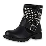 SCARPE VITA Damen Stiefeletten Stiefel Biker Boots Nieten Warm Gefüttert 149014 Schwarz Pailetten 37