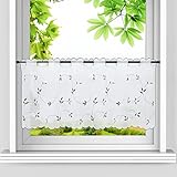 Heichkell Voile Scheibengardine Blätter Stickerei Bistrogardine Landhausstil Kurzstores für Küche Bestickter Kurzvorhang Stangenlöcher Dunkelgrau HxB 60x120