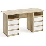 KOMTO Schreibtisch mit Schubladen - Oslo 140 x 60 x 74 cm Moderner Schreibtisch Sonoma Eiche + Weiß Bürotisch Computertisch Arbeitstisch Büro PC-Tisch Kinderschreibtisch mit S