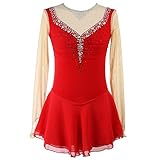 VGAGV Damen Eiskunstlauf Kleid, Glänzende Edelsteine, Wettkampf-Performance-Kleidung, Eleganter Gymnastik-Trikot, Tanzkleidung, Kostüme, Rollschuh-Tanz-Outfit Für Mädchen,Rot,3XS