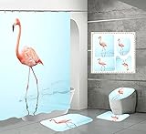 WSND Flamingo Duschvorhang-Sets Mit Rutschfesten Teppichen, Badematte, Toilettendeckelabdeckung Und 12 Haken, Mehrere Stile, Badezimmerdekoration 4 Stück(Color:H5)