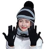 Fleece Gefüttert Strickmütze Schal Mund Handschuhe Maske Set für Mädchen und Frauen Winter Skimütze mit Pompon, schwarz, Einheitsgröß