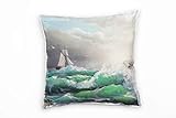 Paul Sinus Art Meer, Wellen, Segelboot, gemalt, grün, braun Deko Kissen 40x40cm für Couch Sofa Lounge Zierkissen - Dekoration zum Wohlfü