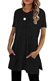KOOSUFA Damen Kurzarm T-Shirt Bluse Summer Casual Oberteil Basic Tunika Tops Pullover Crew Neck Shirt mit Taschen S M L XL XXL 3XL (Schwarz, L)