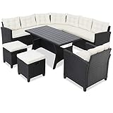 Casaria Poly Rattan Sitzgruppe Porto WPC Esstisch Auflagen Kissen Wetterfest Outdoor Sitzgarnitur Ecklounge Gartenmöb