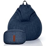 Green Bean© 2er Set Indoor Sitzsack + Hocker mit EPS-Perlen Füllung - Fußhocker Fußkissen Sitz-Pouf Bodenkissen Liegekissen Sitzkissen Lounge Chair Sitzhocker Relax-Sessel Bean Bag Dunkelblau Navy