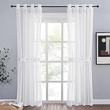 NICETOWN Voile Gardinen Weiss Halbtransparent Ösenschal - 2er Set H 220 x B 140 cm Vorhänge Leinenoptik Kinderzimmer Gardinen mit 2 Weißen Raffbändern für Wohnzimmer Dek