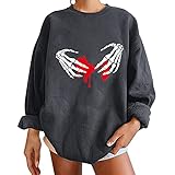 Masrin Sweatshirt Damen Herbst Winter Warmer Fleece Pullover Halloween Gothic Skelett Druck Oberteile Vintage Langarmhemden Übergroße lockere Bluse Sportbekleidung S