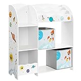 SONGMICS Kinderzimmerregal, Spielzeug-Organizer, Bücherregal für Kinder, multifunktionale Ablage mit 2 Aufbewahrungsboxen, Sticker mit Weltall-Motiven, Kinderzimmer, Schlafzimmer, weiß GKR42WT