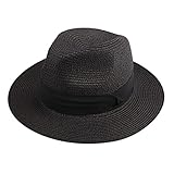 DRESHOW Herren Sommer Strand Sonnenhut Strohhut Fedora Hut breite Krempe Roll Up Cap Bucket Hat Fischerhut Boonie Hut Panama Hut UPF 30+, Stroh Fedora: schwarz, S/M