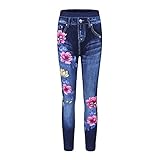 LUNULE Damen Jeans-Hose Modern Blume Drucken Jeanshose Lange Hohe Taille Farbblock Skinny Fit Stretch-Jeans für Frauen Slim Legs Lässige Hüftjeans Damen Herbst Winter Basic Jeanshosen F