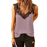 Damen Casual Spitze Schultergurt ärmellose Bluse T-Shirt Top Damen V-Ausschnitt ärmelloses Weste Top mit Spitzendetails Spitzenweste Tanktops Sommer lockere lässige ärmellose Shirts T-Shirt B