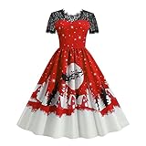 weihnachtskleid Damen große größe Rundhals High Waist Casual Vintage Kurzarm Spitze Midikleider Print Splice A-Line Swing Abendkleid Weihnachtskostü